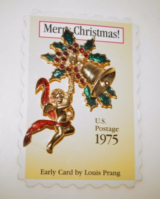 Vintage 1975 Louis Prang Merry Christmas Angel Bell Rhinestone Brooch Pin 2.  25 "