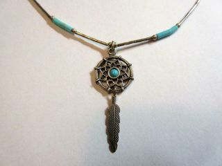 Vintage Navajo Indian Sterling Silver & Turquoise Dreamcatcher Necklace
