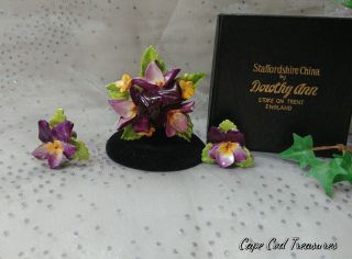 Vtg Crown Staffordshire Bone China Violet Brooch And Earrings Set W/orig Box