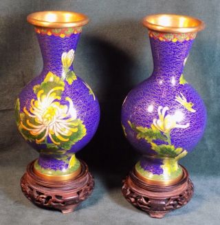 Vintage Clue Cloisonne Chinese Vases Urn Flower Design With Wood Stands