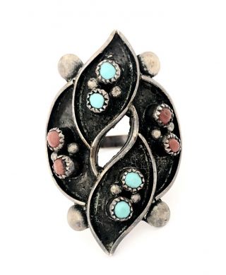 Vintage Zuni Petitpoint Turquoise & Coral Sterling Silver Ring Size 10