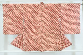 Vintage Silk Kimono Jacket:fully Shibori Wine Red Diamond@kc90