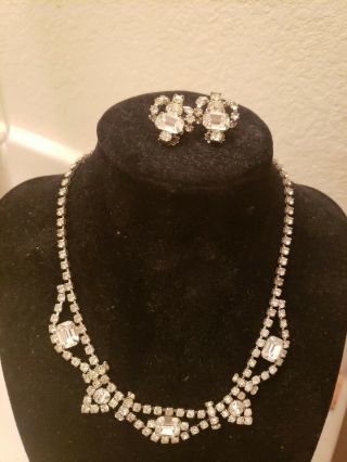 Vintage Clear Crystal Rhinestone Choker Necklace W/ Clip On Earrings