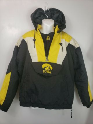 Vintage Iowa Hawkeyes Starter Jacket Mens L Winter 3/4 Zip Front Pouch Hood