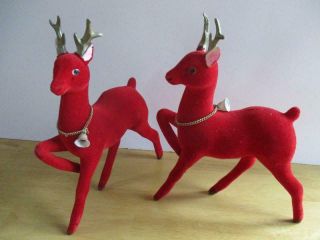 (2) 9 " Vtg Red Flocked / Velvet Prancing Christmas Reindeer Made In Japan