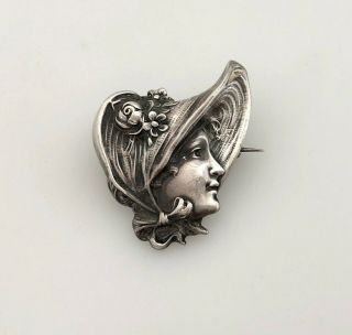 Vintage Sterling Silver Victorian Brooch / Pin Woman W Hat Figural