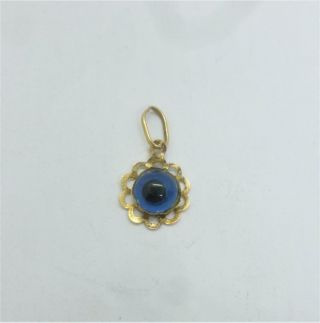 Vintage Gold Blue Glass Evil Eye Pocket Watch Fob Pendant Charm C1960/70s