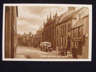Vintage Library And Town Hall Thurso Rp Postcard Old Bus Wick Sign