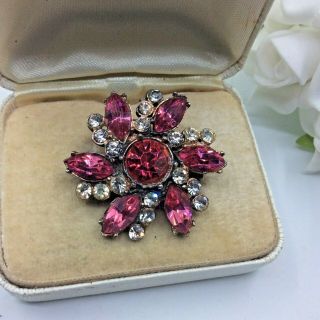 Vintage Jewellery Pink Sapphire & Clear Rhinestone Gold Tone Flower Head Brooch