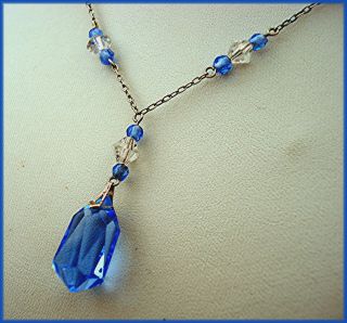 Art Deco Necklace Blue Crystal Drop W/ Unusual Facets & Tiny Glass Beads Vintage