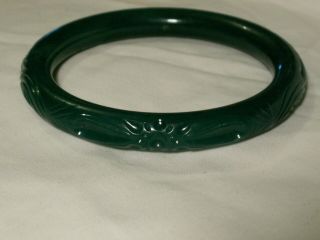 .  Vintage Green Celluloid Bangle Bracelet With Design.
