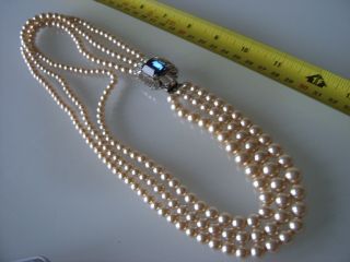 Vintage Jewellery 3 Strand Faux Pearl Necklace And Blue Clasp