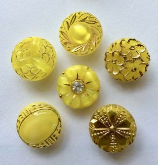 6 X 18mm Vintage Yellow Moonglow Glass Buttons,  Gilt,  Rhinestone Trims