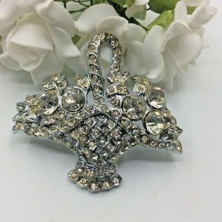 Vintage Jewellery Clear Crystal Rhinestone Silver Tone Flower Basket Brooch Pin