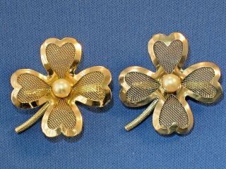 Vintage Set Of 2 Coro Silver & Gold Tone 4 Leaf Clover Brooch Pins & Faux Pearls