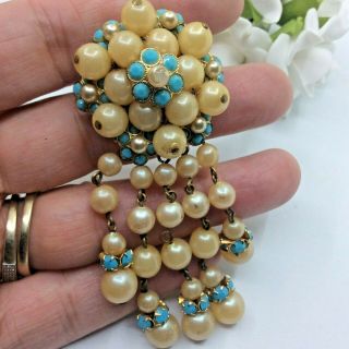 Vintage Jewellery Faux Pearl & Turquoise Rhinestone Gold Tone Dropper Brooch Pin