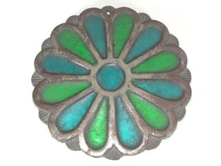 Vintage Turquoise & Green Stained Glass Flower Trivet Or Wall Hanging