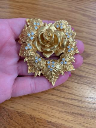 Vintage Gold Tone Elizabeth Taylor Rhinestone Rose Flower Brooch Pin