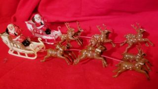 Two Vintage 9 " Plastic Santa Claus Reindeer Sleigh Christmas Old Hong Kong