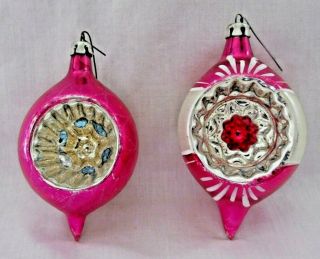 2 Vintage Poland Mercury Glass Christmas Ornaments Deep Indent W/hand Painting