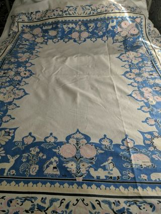 Mid Century Vintage Cotton Printed Tablecloth Scandinavian Scene 62 X 50 "