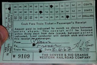 Vintage Cash Fare Train Ticket The Denver & Rio Grande Western Railroad Co.  1962