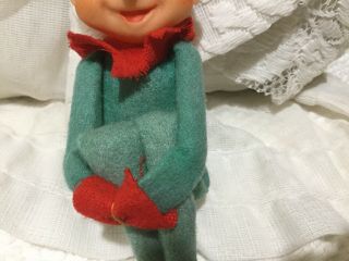 Vintage Christmas Knee Hugger Santas Elf Green red Felt Plastic Japan Pixie 9.  5 