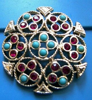 " Ceylon " Dark Pink & Turquoise Pin - Sarah Coventry Jewelry - Sara Cov - Vtg
