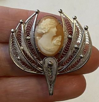 Vintage Stanco Sterling Silver High Relief Hand Carved Shell Cameo Brooch Pin