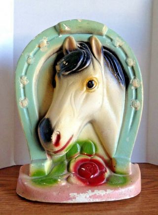 Vintage Chalkware Large Horse Head Bust Figurine W/ Horseshoe & Rose Motif