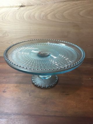 Jeanette Glass Harp Ice Blue Cake Vintage Pedestal Stand With Hobnail Edge