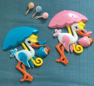 Adorable Vtg Baby Shower Cake Toppers/decorations,  Boy Stork,  Girl Stork Rattles
