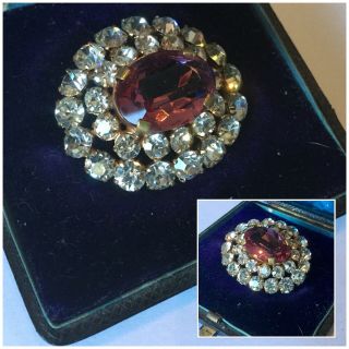 Vintage Jewellery Stunning Pink Sapphire & Clear Paste Set Rhinestone Brooch