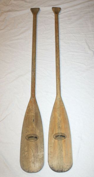 Pair 2 Caviness Woodworking Co Feather Brand Wood Oars Paddles 54 " Vtg Usa Wood