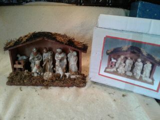 Vintage Christmas Manger Wood Stable Porcelian Nativity Wood Creche
