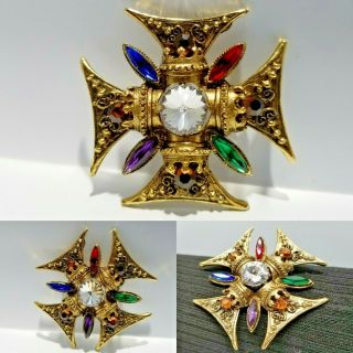 Vintage Florenza Style Maltese Cross Brooch Gold Tone Multi Color Gemstones