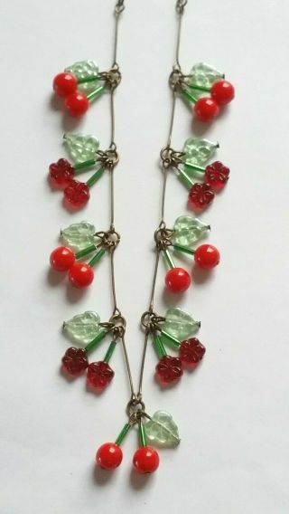 Czech Cherry And Red Flower Glass Bead Necklace Vintage Deco Style