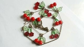 Czech Cherry And Red Flower Glass Bead Necklace Vintage Deco Style 2