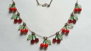 Czech Cherry And Red Flower Glass Bead Necklace Vintage Deco Style 3