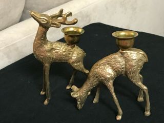 Vintage Set Of Two Brass Deer Taper Candle Holders