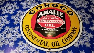 Vintage Conoco Gasoline Porcelain Pure Pennsylvania Oil Amalie Service Pump Sign