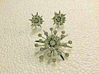 Vintage Rhinestone Starburst Pin And Earrings Set