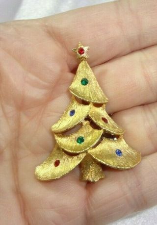 Vtg Signed Jj Jonette Jewelry Rhinestone Christmas Tree Brooch / Pin Book Piece