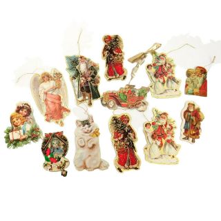 12 Vintage 80s Christmas Ornaments Die Cut Cardboard Gold Trim Santas Cats Angel