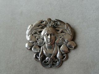 Vintage Jewellery Art Nouveau Style Silver Tone Lady Flower Brooch