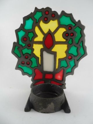 Vintage Cast Iron Stained Glass Christmas Wreath With Candle Holder Tealight