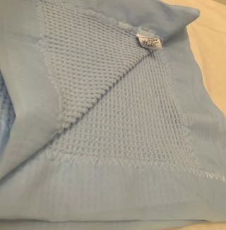 Vintage Baby Morgan Blue Thermal Acrylic Nylon Silky Trim Blanket Waffle Weave