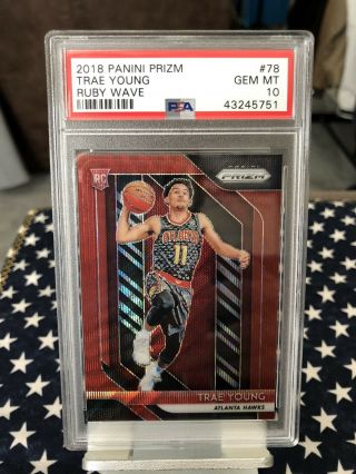 2018 - 19 Panini Prizm Ruby Red Wave Trae Young Hawks Rc Rookie Psa 10