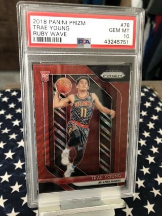 2018 - 19 Panini Prizm Ruby Red Wave Trae Young Hawks RC Rookie PSA 10 2