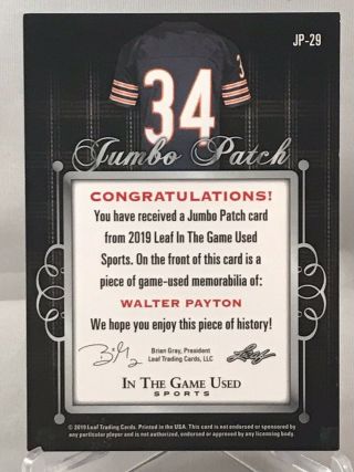2019 Leaf In The Game Walter Payton Game Worn Jumbo Number Patch 4/5 2